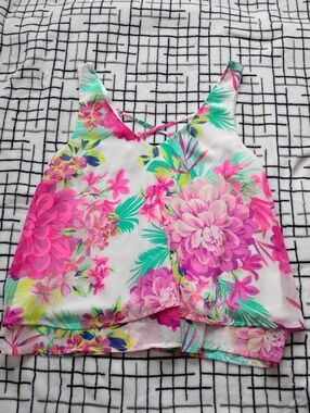 Candie's White Floral V-Neck Camisole with Pink & Green Blooms